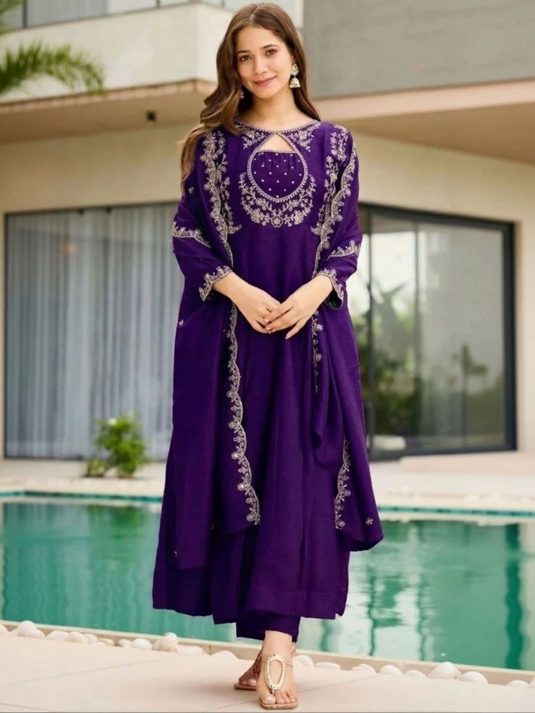 ROZLAND Women Ethnic Motifs Embroidered Regular Thread Work Silk Chiffon Kurta with Trousers & With Dupatta thumbnail 6