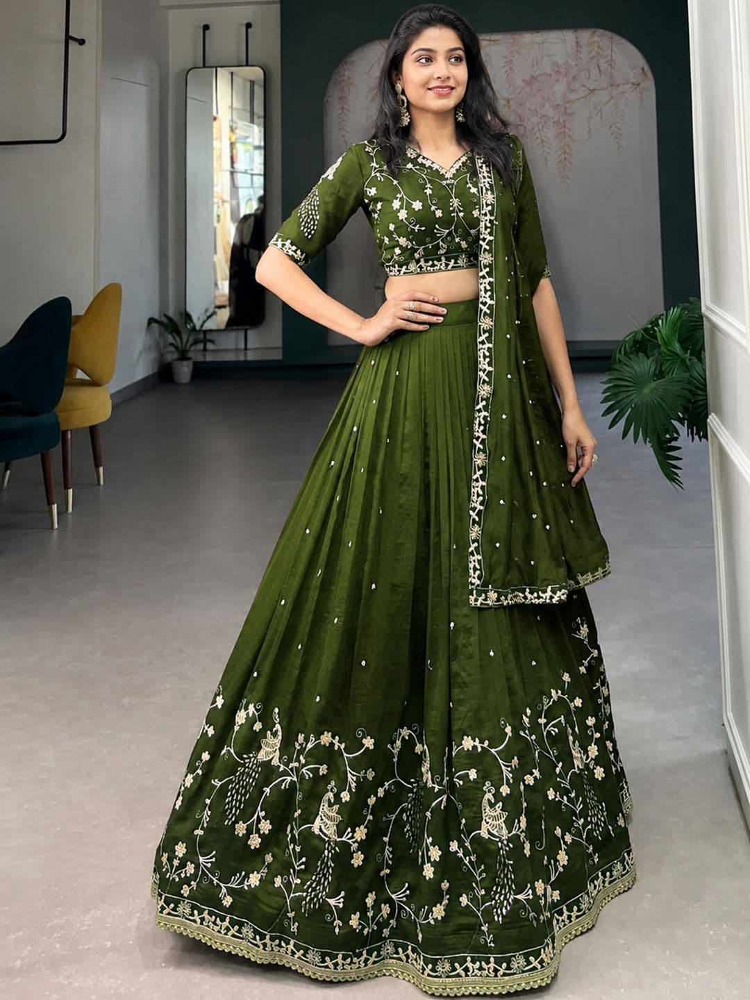 KRYSAL Embroidered Thread Work Semi-Stitched Lehenga & Blouse With Dupatta - view 1