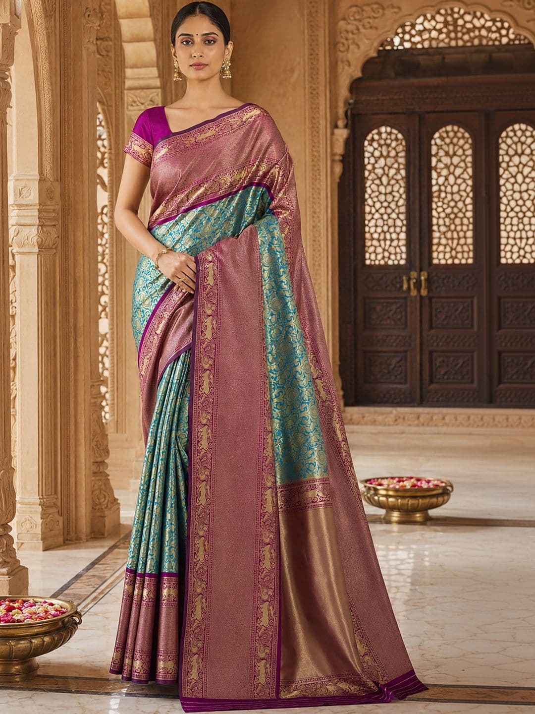 Anjaneya Sarees Woven Design Zari Silk Blend Designer Banarasi Saree - view 1