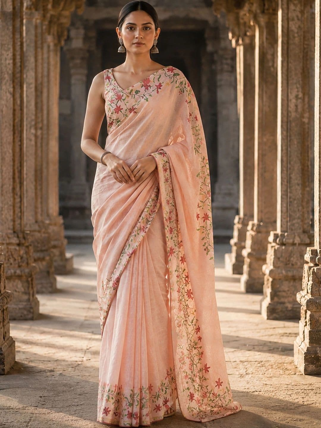 Aldwych Embroidered Linen Blend Designer Block Print Saree - view 1