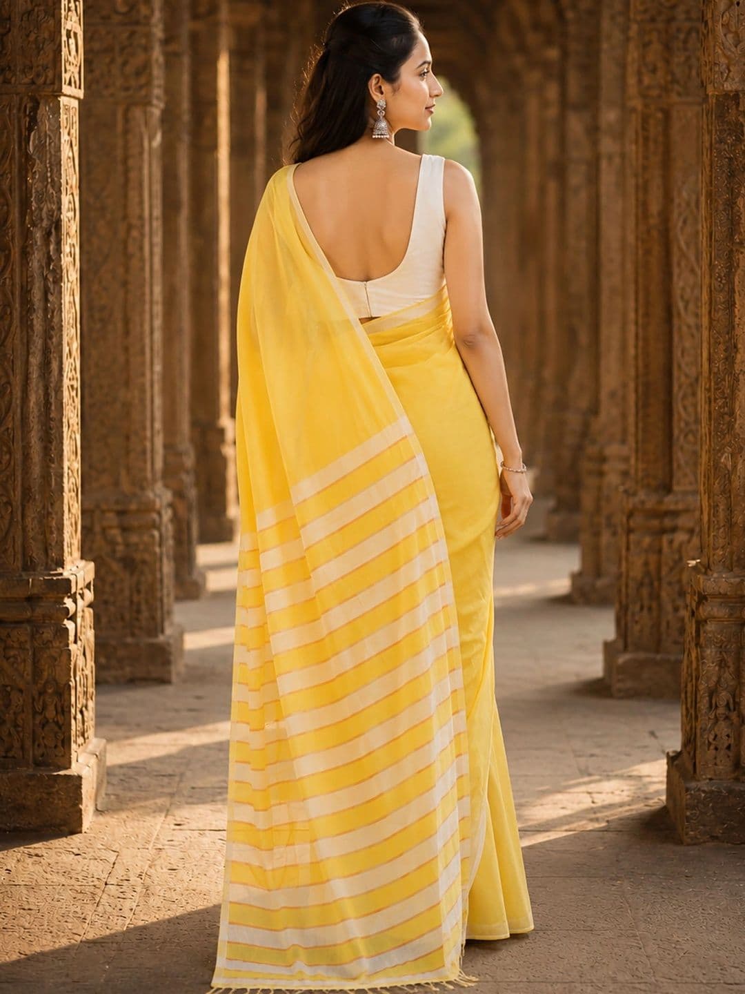 KALINI Striped Linen Blend Designer Block Print Saree thumbnail 4