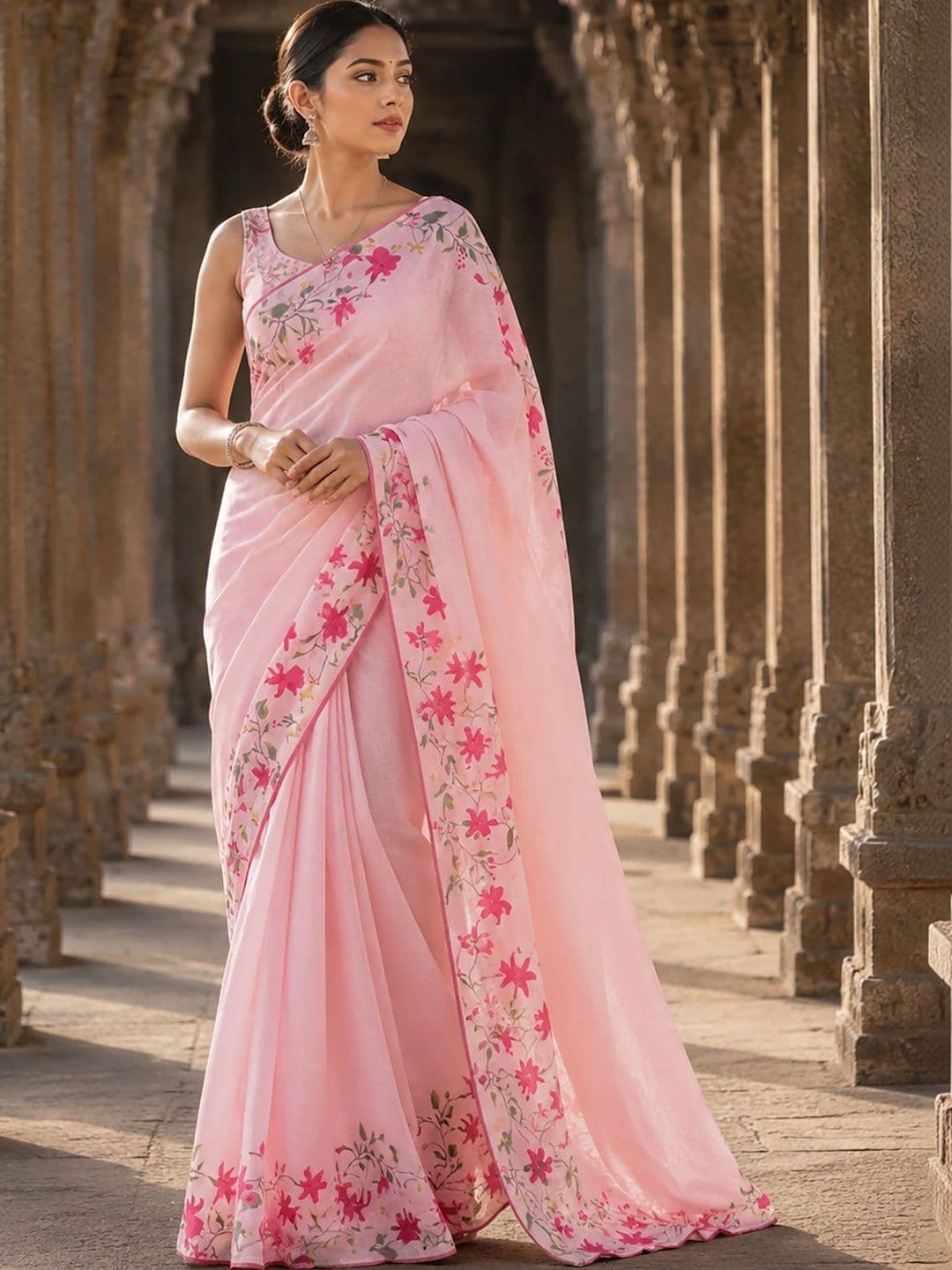 Aldwych Floral Embroidered Linen Blend Designer Block Print Saree - view 1
