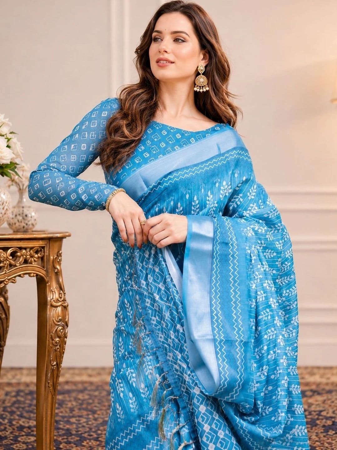 V3 FASHION STUDIO Ethnic Motifs Zari Linen Blend Block Print Saree thumbnail 3