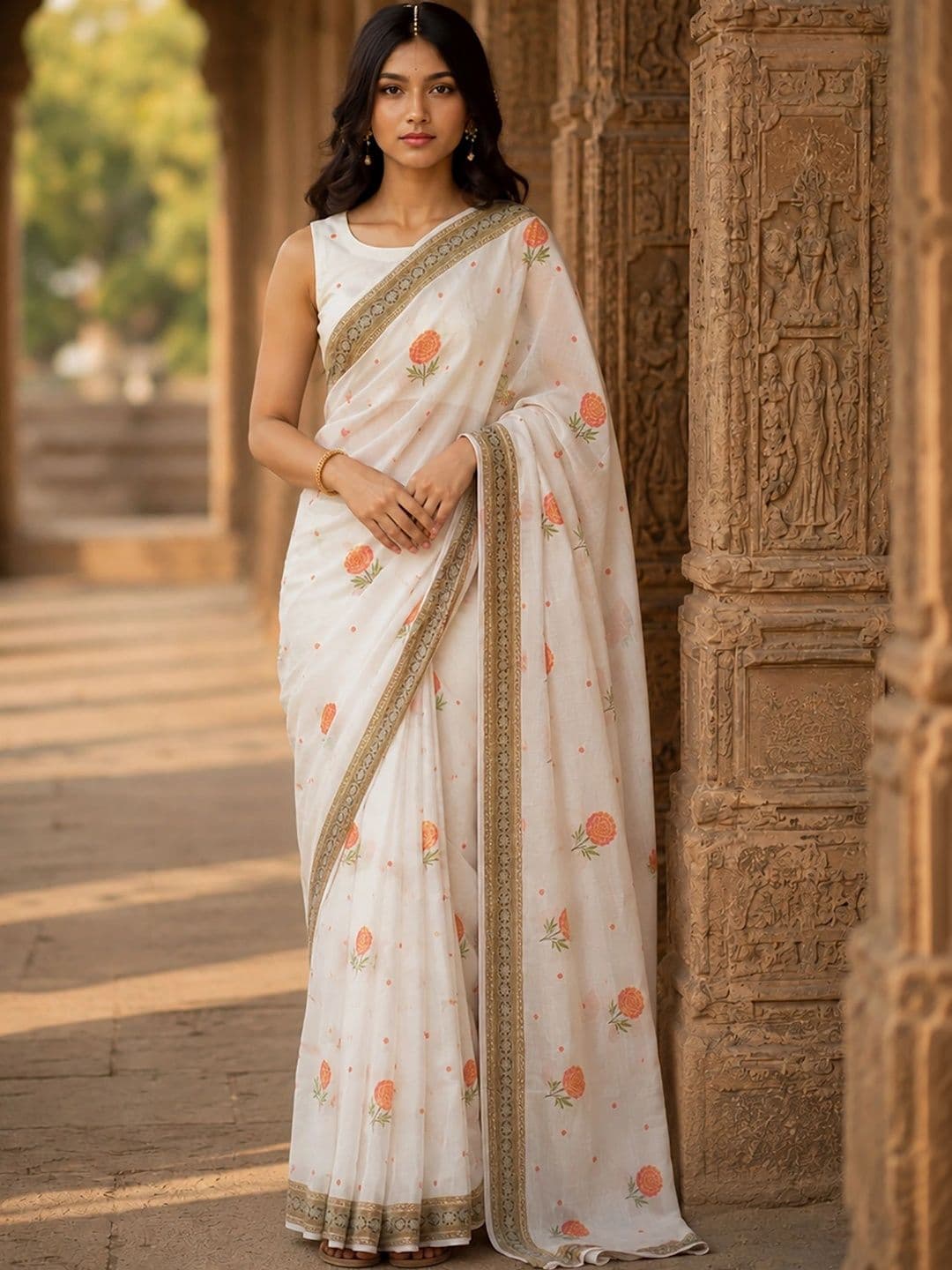 KALINI Floral Linen Blend Designer Block Print Saree - view 1