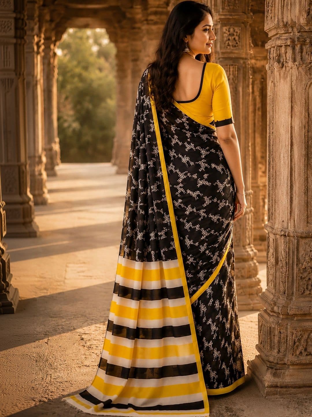 KALINI Linen Blend Designer Block Print Saree thumbnail 5
