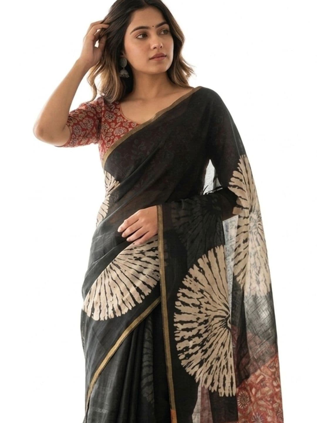 Peachmode Tie and Dye Linen Blend Fusion Saree thumbnail 4