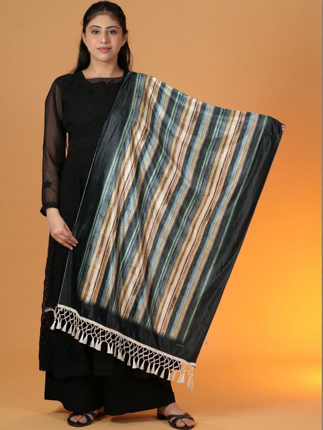 SHIFNEEN Women Striped Printed Velvet Shawl - view 1