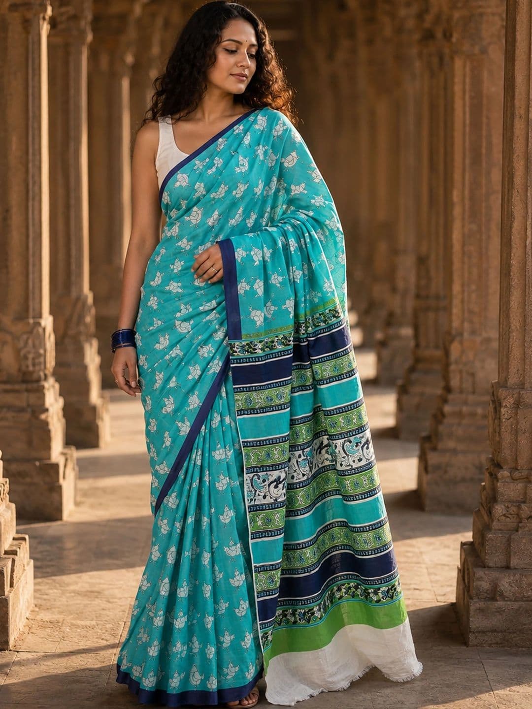 KALINI Floral Linen Blend Designer Block Print Saree thumbnail 2