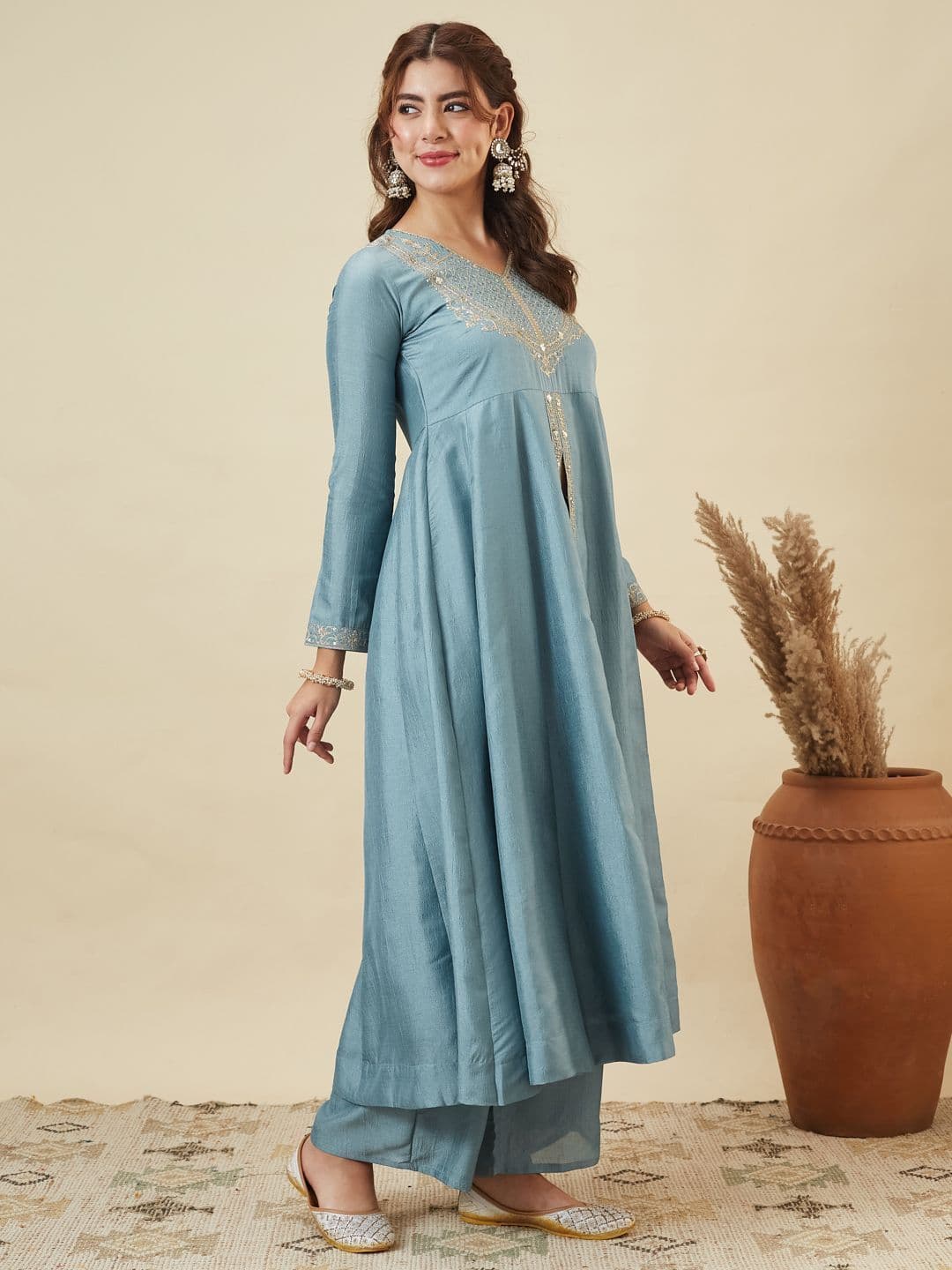 Colors  of Earth Colors of Earth Silk Embroidered Anarkali Kurta And Palazzo Set With Dupatta thumbnail 5