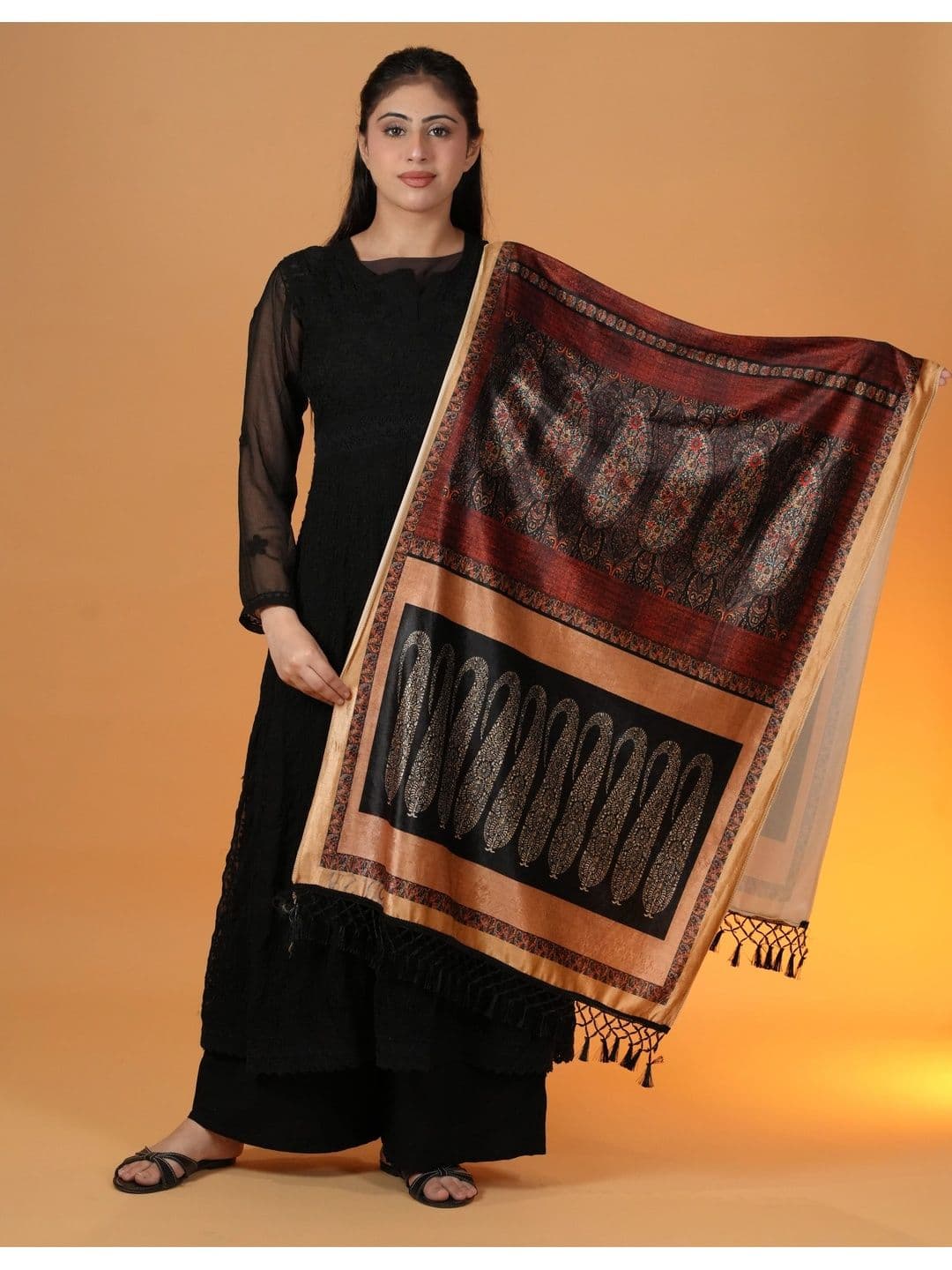 SHIFNEEN Women Ethnic Motifs Printed Velvet Shawl thumbnail 3