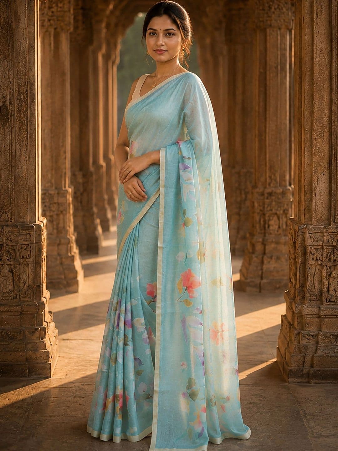 KALINI Floral Linen Blend Designer Block Print Saree thumbnail 2