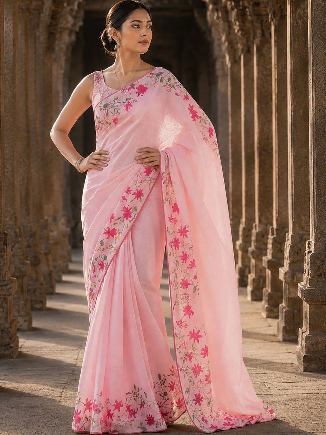 Aldwych Floral Embroidered Linen Blend Designer Block Print Saree thumbnail 4