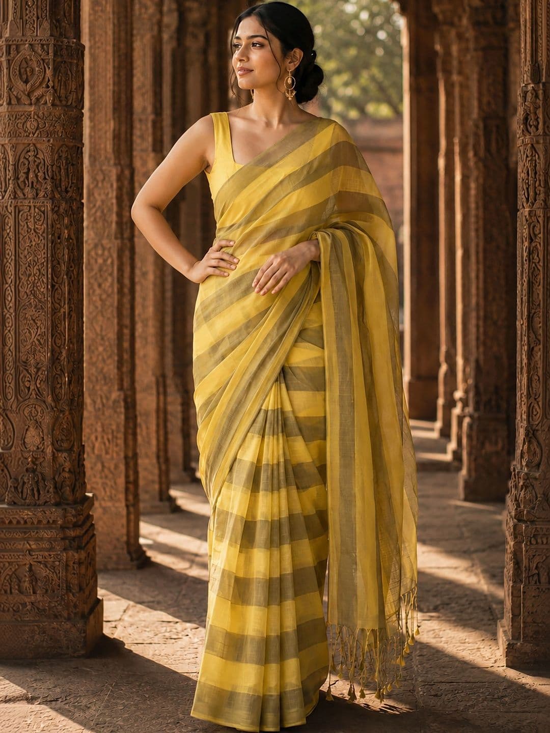 KALINI Striped Linen Blend Designer Block Print Saree thumbnail 3