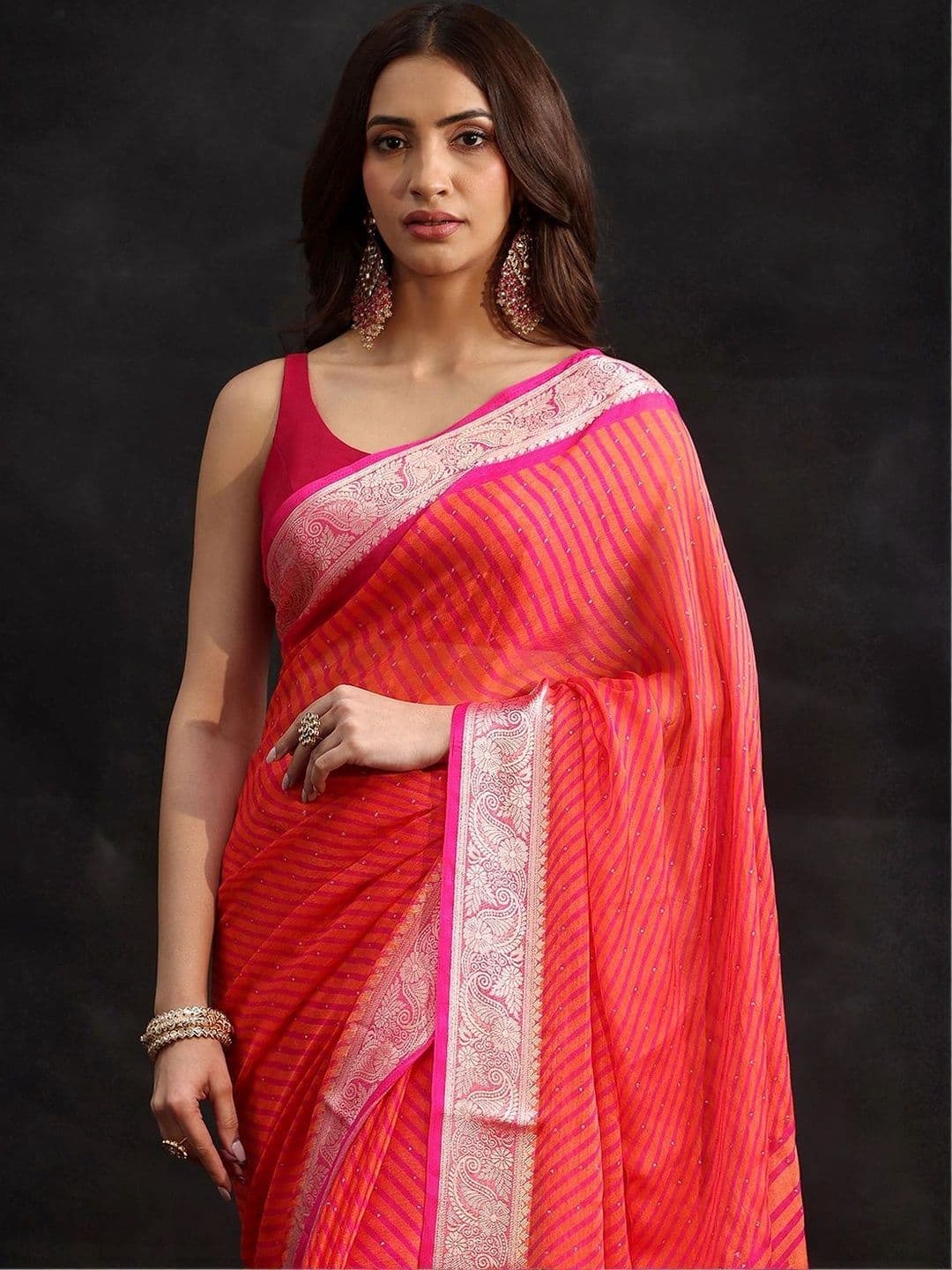 Libas Striped Pure Chiffon Saree thumbnail 4