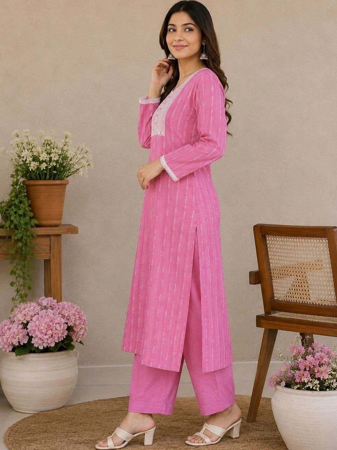 Khasmuda Attire Motifs Embroidered Regular Thread Work Pure Cotton Kurta with Trousers thumbnail 4