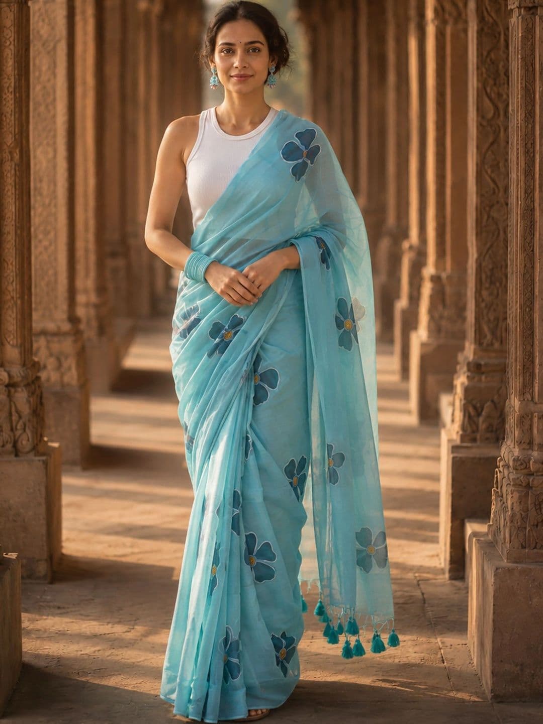 KALINI Floral Linen Blend Designer Block Print Saree - view 1
