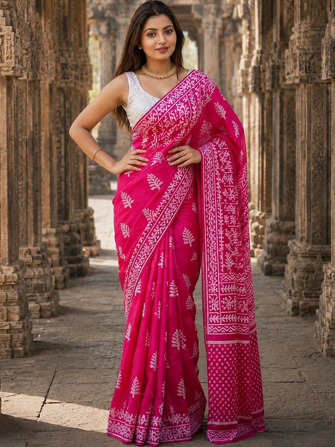 Aldwych Linen Blend Designer Block Print Saree thumbnail 3