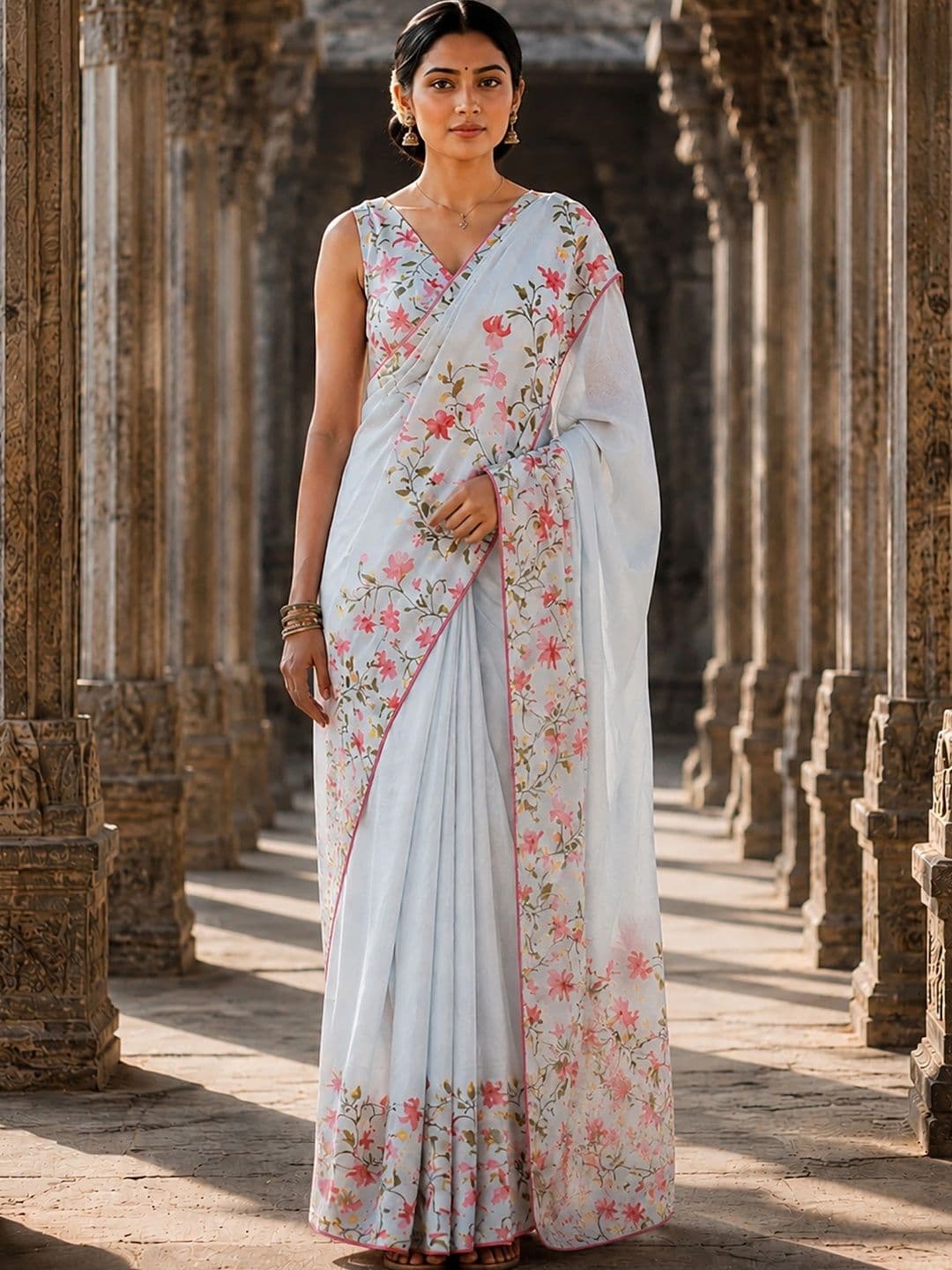 Aldwych Floral Linen Blend Designer Block Print Saree - view 1