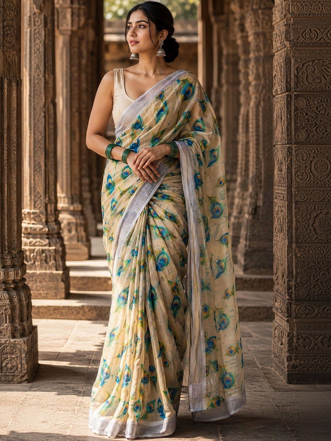 KALINI Floral Linen Blend Designer Block Print Saree - view 1