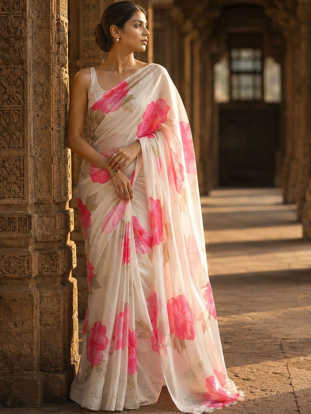 KALINI Floral Linen Blend Designer Block Print Saree thumbnail 3