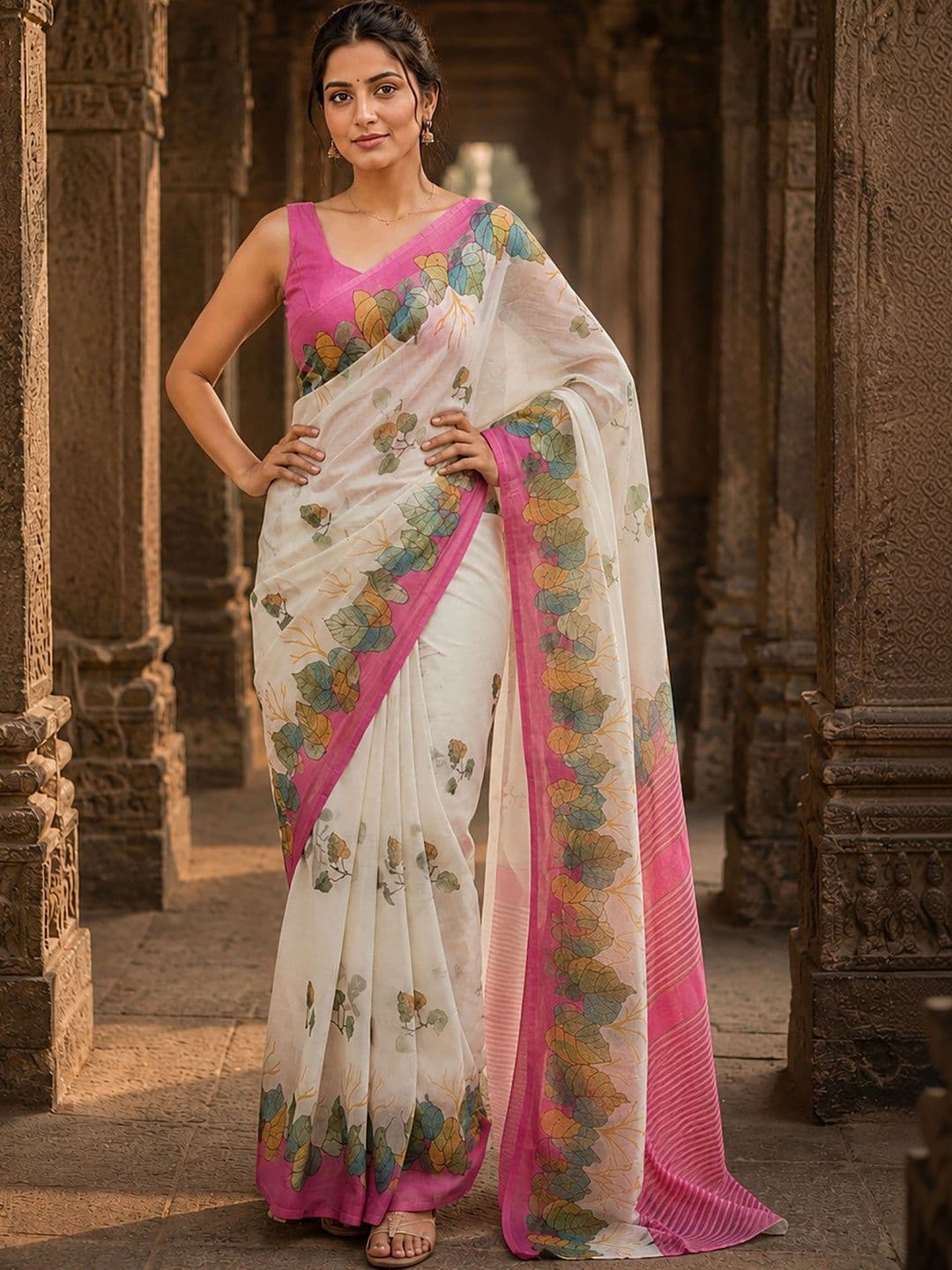 KALINI Floral Linen Blend Designer Block Print Saree thumbnail 4