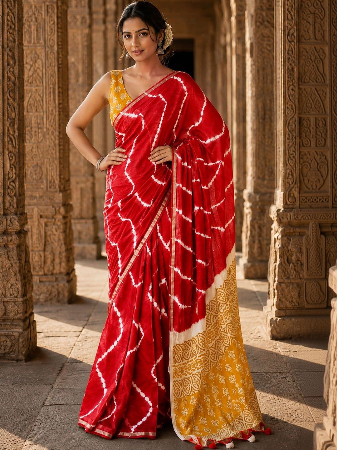 KALINI Tie and Dye Linen Blend Designer Block Print Saree - view 1