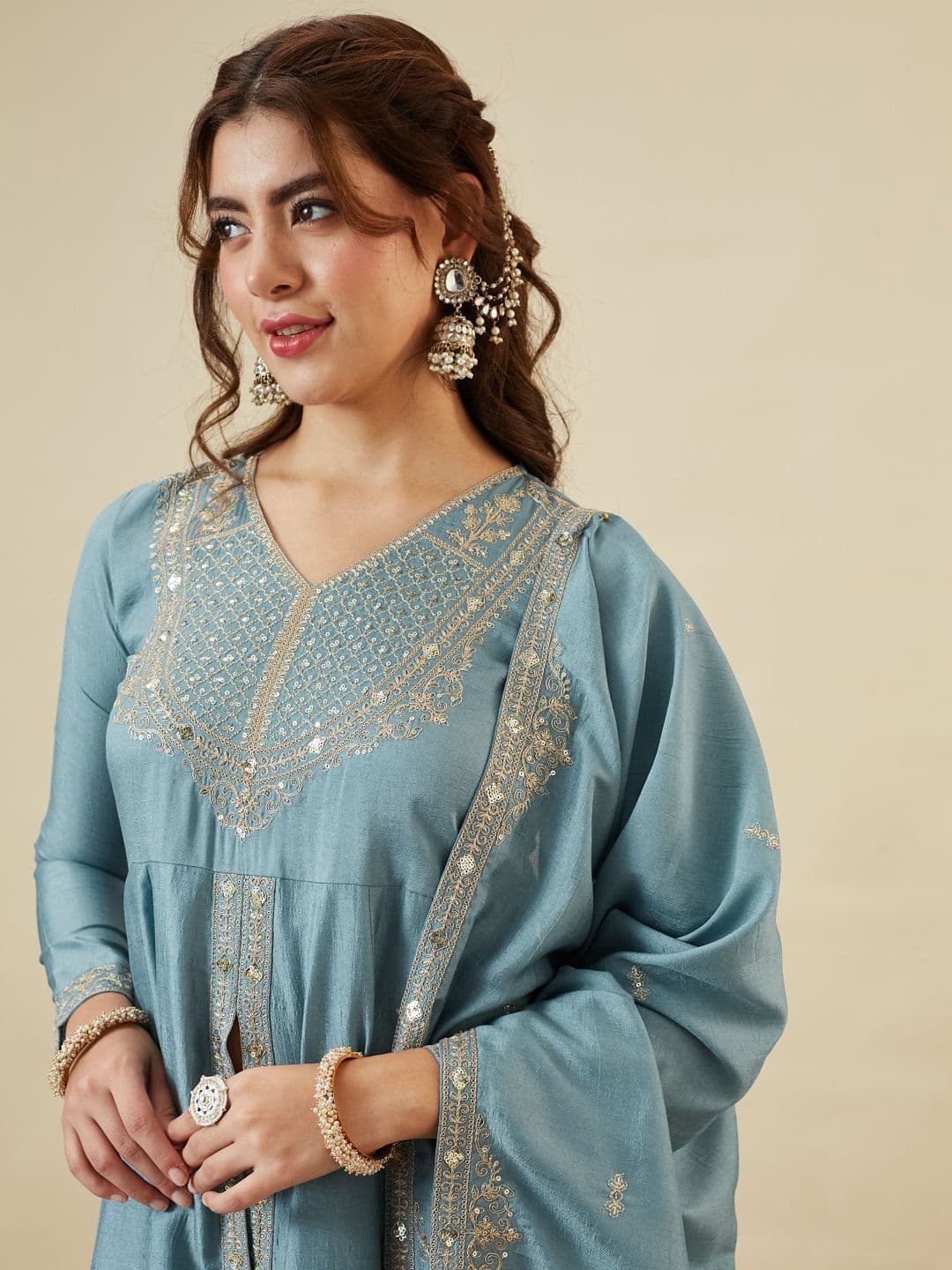 Colors  of Earth Colors of Earth Silk Embroidered Anarkali Kurta And Palazzo Set With Dupatta thumbnail 3