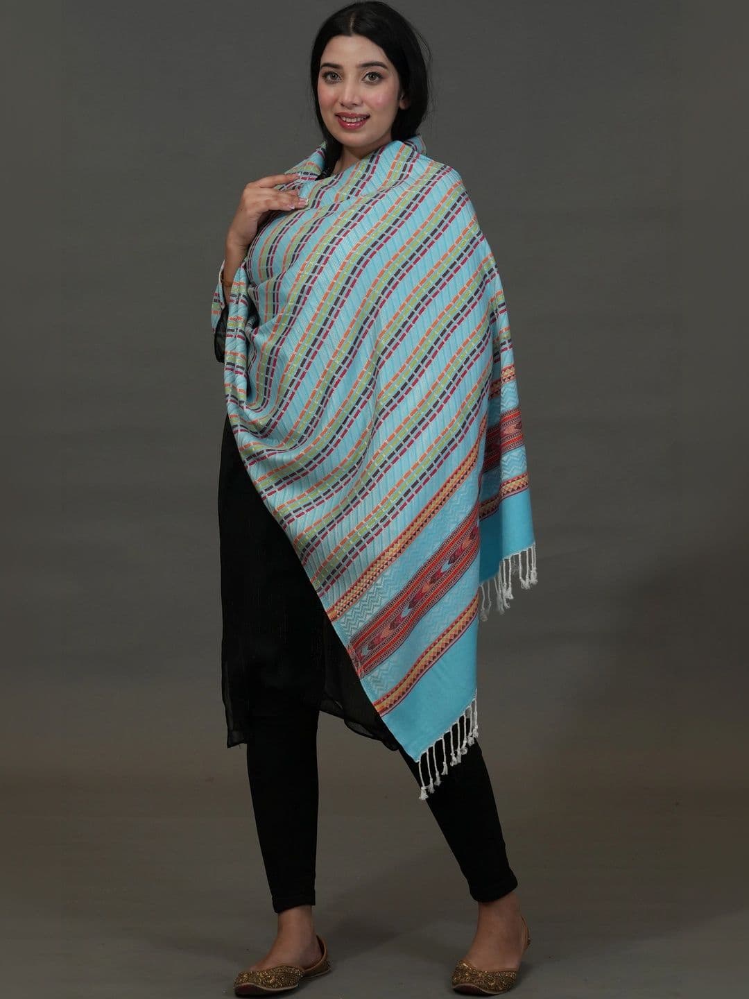 SHIFNEEN Women Striped Woven Design Acrylic Shawl - view 1