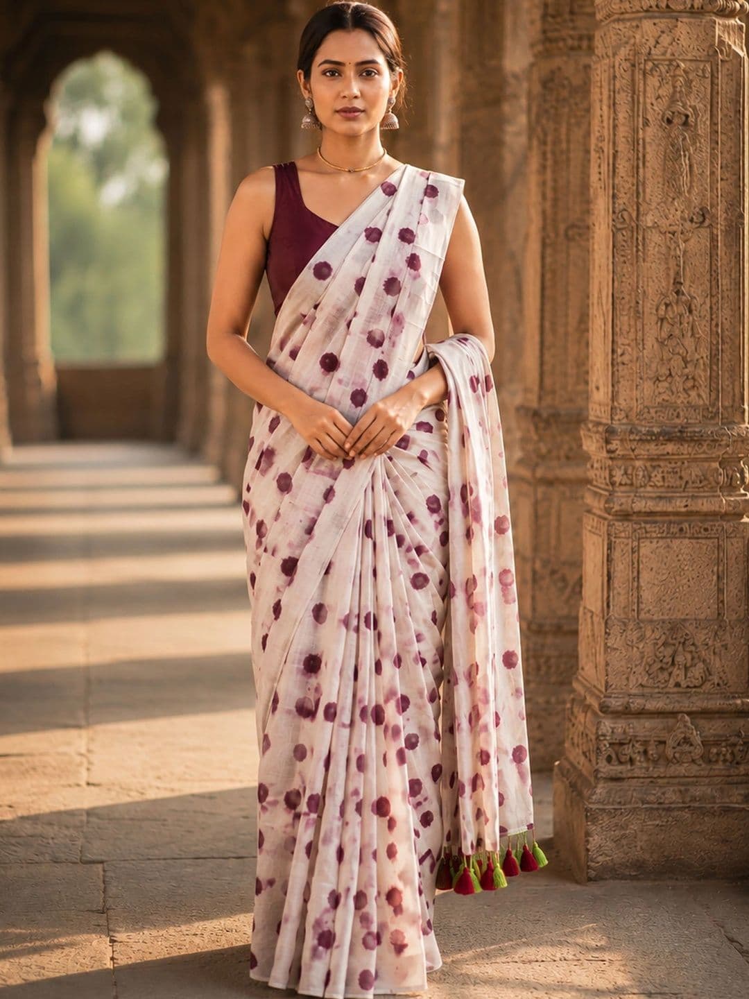 KALINI Polka Dot Linen Blend Designer Block Print Saree - view 1