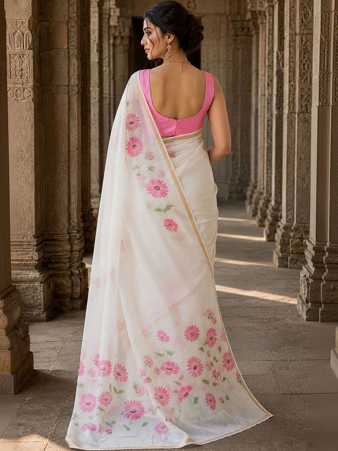 KALINI Floral Linen Blend Designer Block Print Saree thumbnail 2