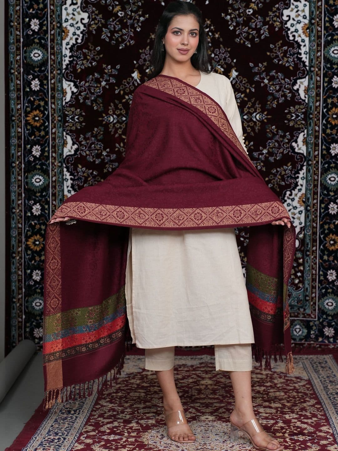 SHIFNEEN Women Ethnic Motifs Woven Design Acrylic Shawl thumbnail 3