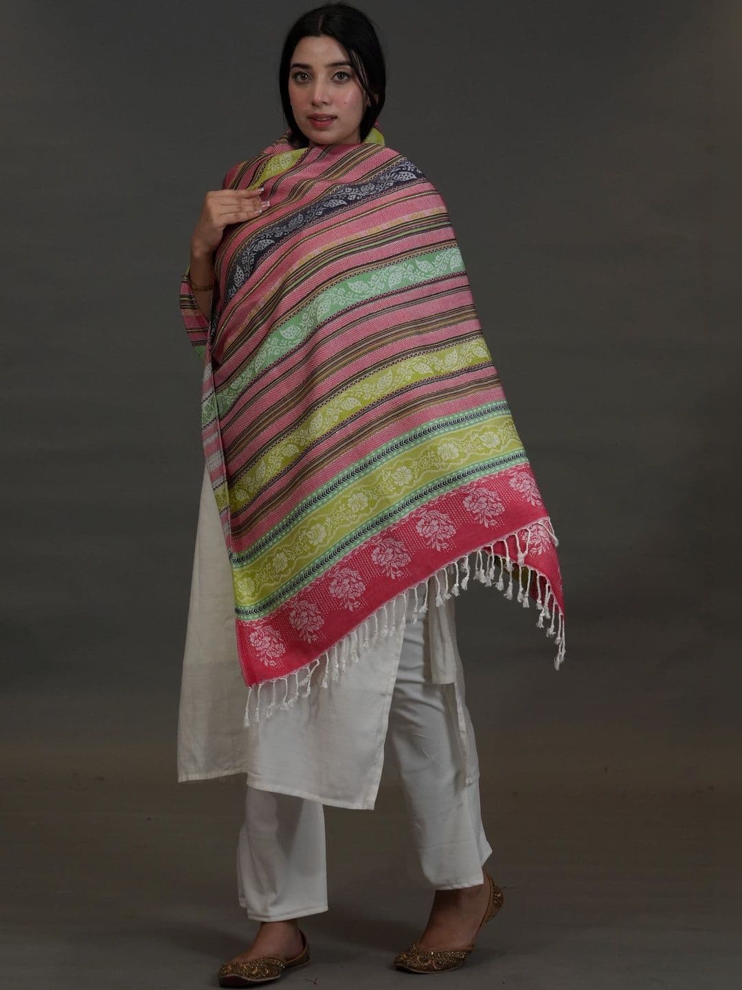 SHIFNEEN Women Striped Woven Design Acrylic Shawl thumbnail 2