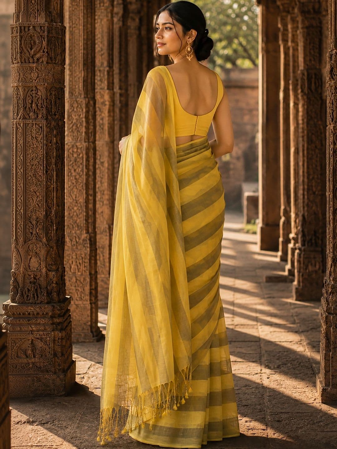 KALINI Striped Linen Blend Designer Block Print Saree thumbnail 4