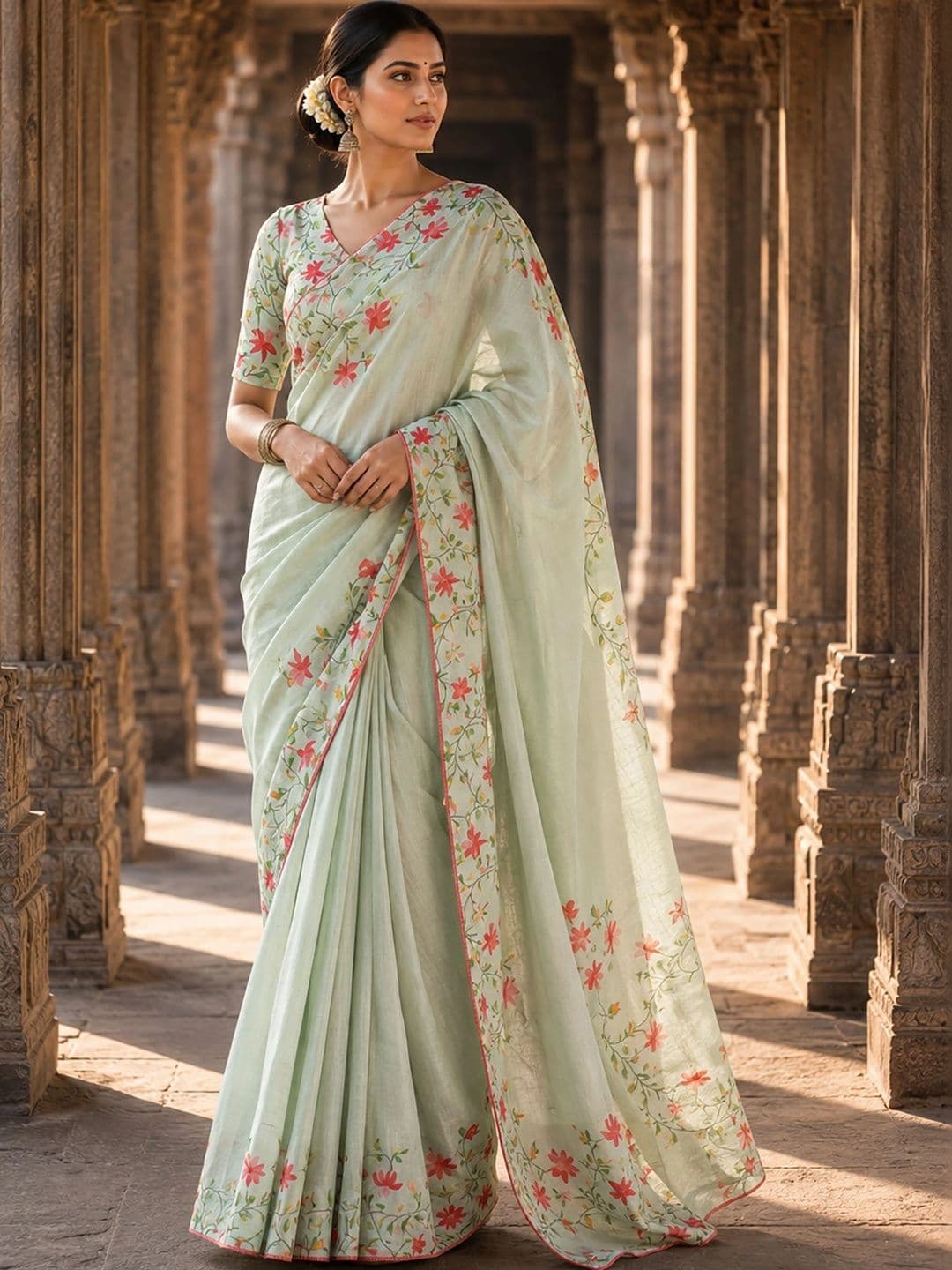 Aldwych Floral Linen Blend Designer Block Print Saree thumbnail 2