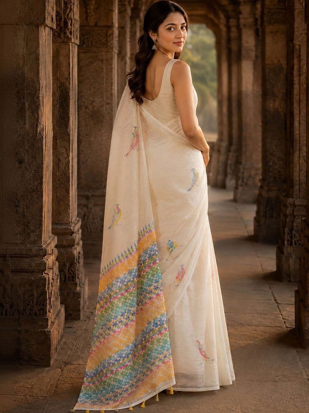KALINI Linen Blend Designer Block Print Saree thumbnail 4