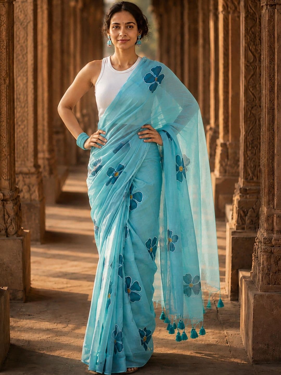 KALINI Floral Linen Blend Designer Block Print Saree thumbnail 5