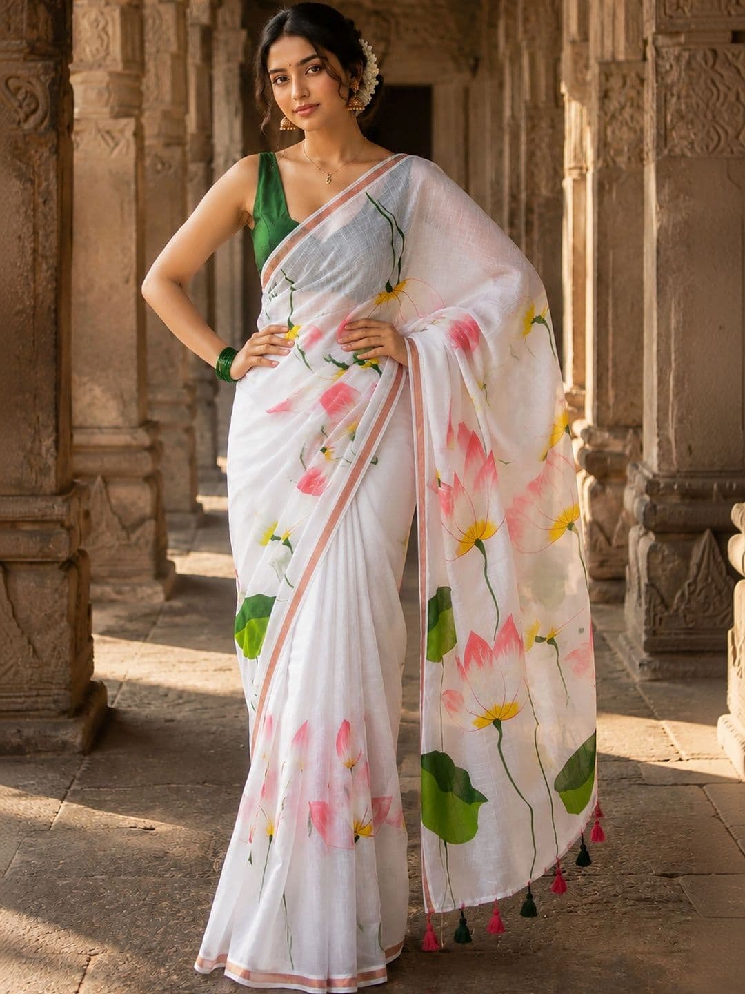 Mitera Floral Linen Blend Designer Block Print Saree thumbnail 2