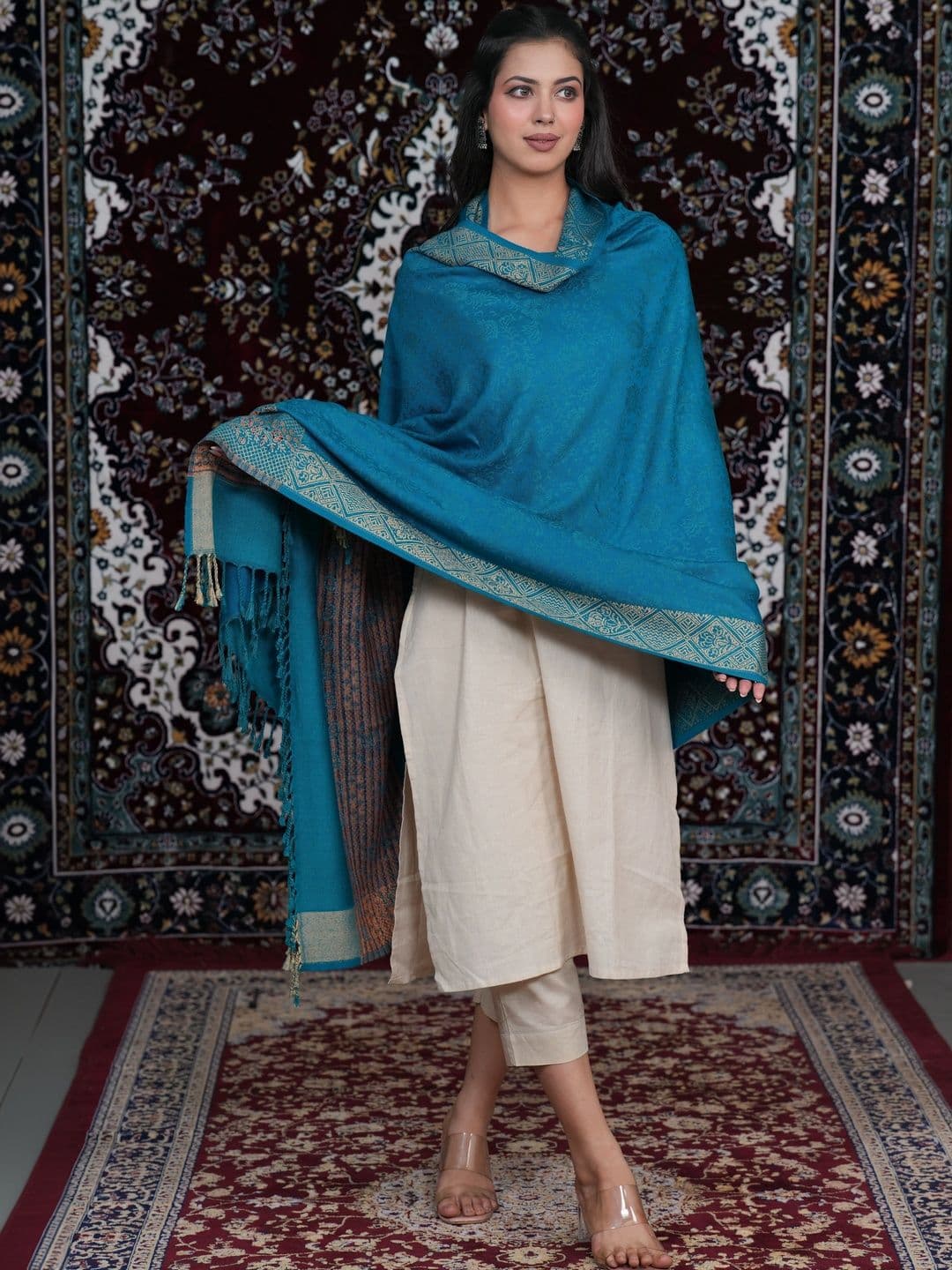 SHIFNEEN Women Ethnic Motifs Woven Design Acrylic Shawl thumbnail 2