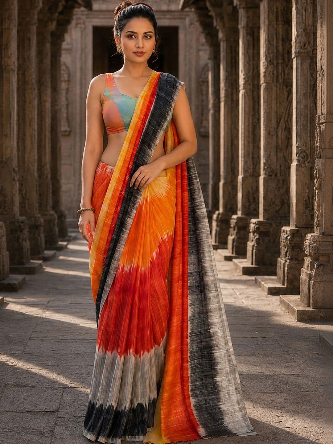 KALINI Tie and Dye Linen Blend Designer Block Print Saree - view 1