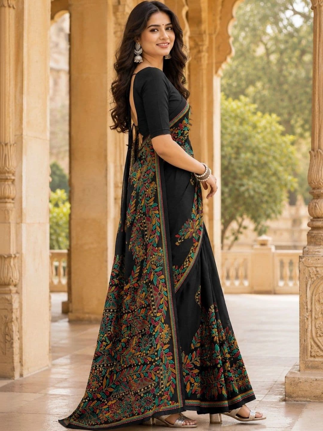HERE&NOW X Minu Fashions Floral Embroidered Pure Cotton Block Print Saree thumbnail 3