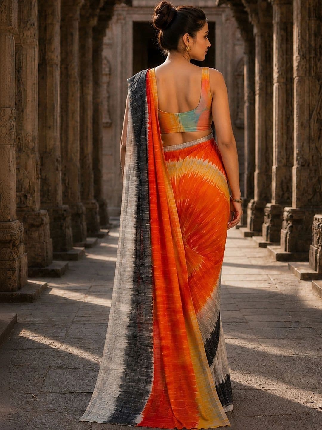 KALINI Tie and Dye Linen Blend Designer Block Print Saree thumbnail 3