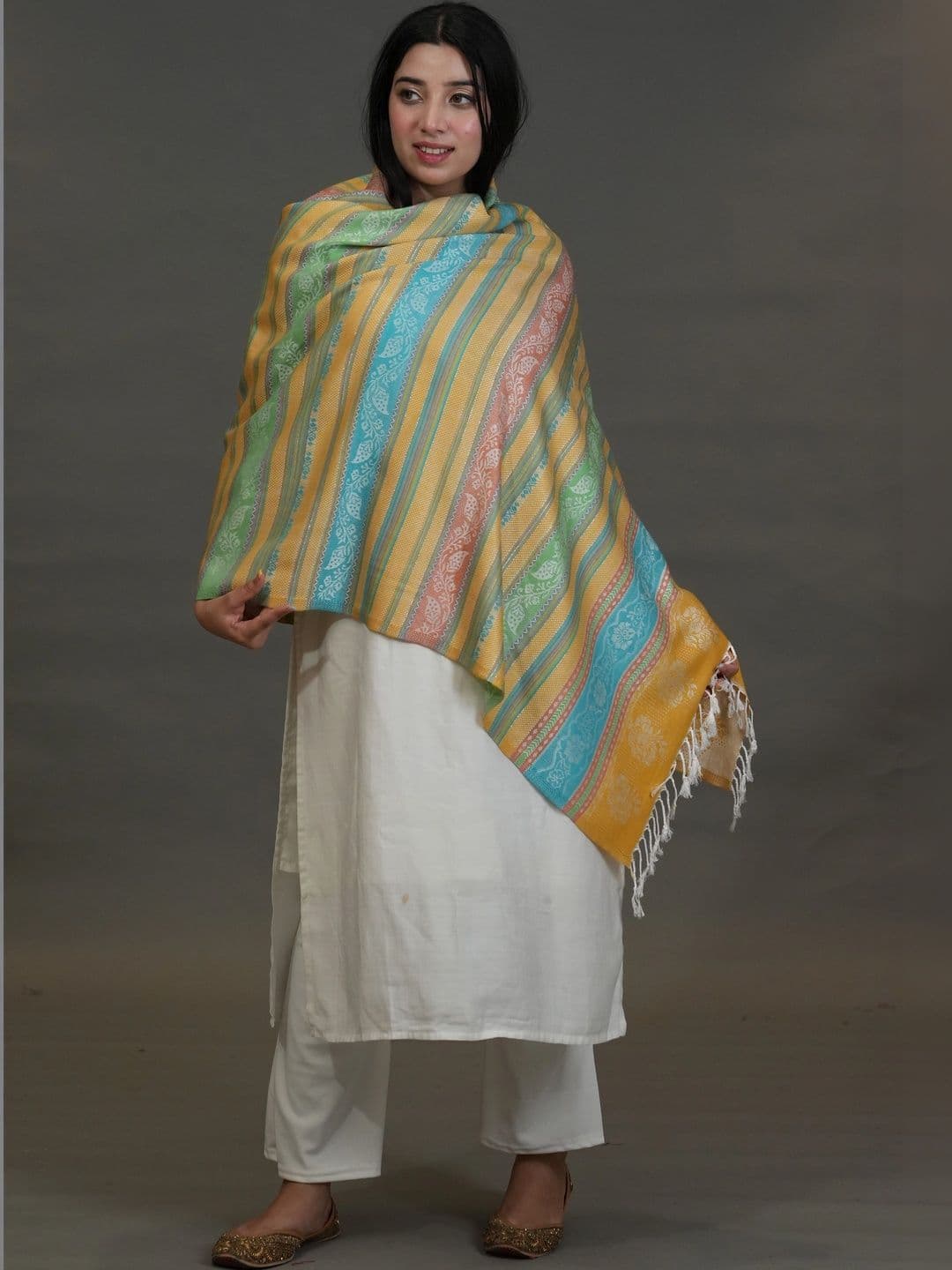 SHIFNEEN Women Striped Woven Design Acrylic Shawl thumbnail 3