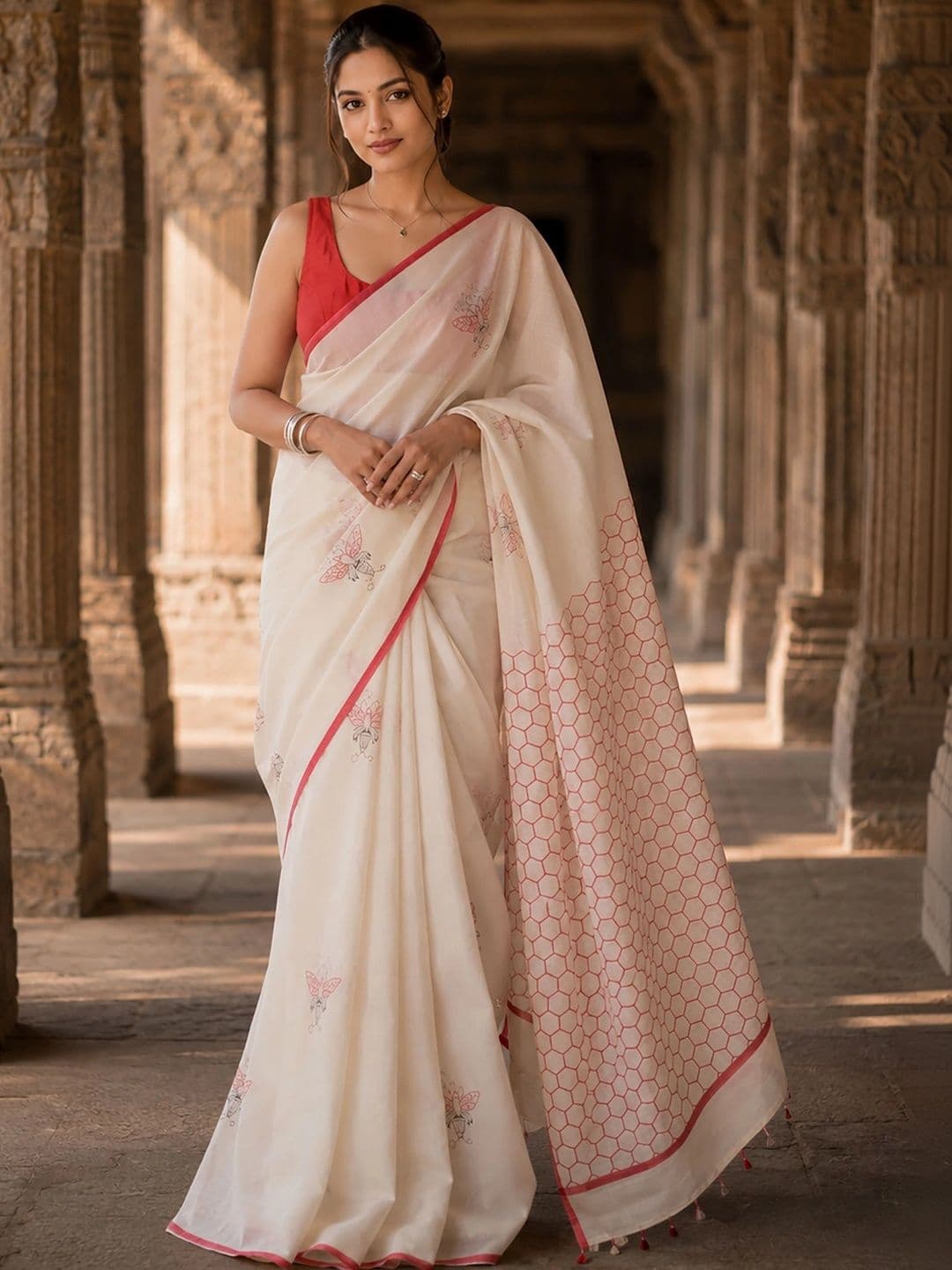 KALINI Linen Blend Designer Block Print Saree - view 1
