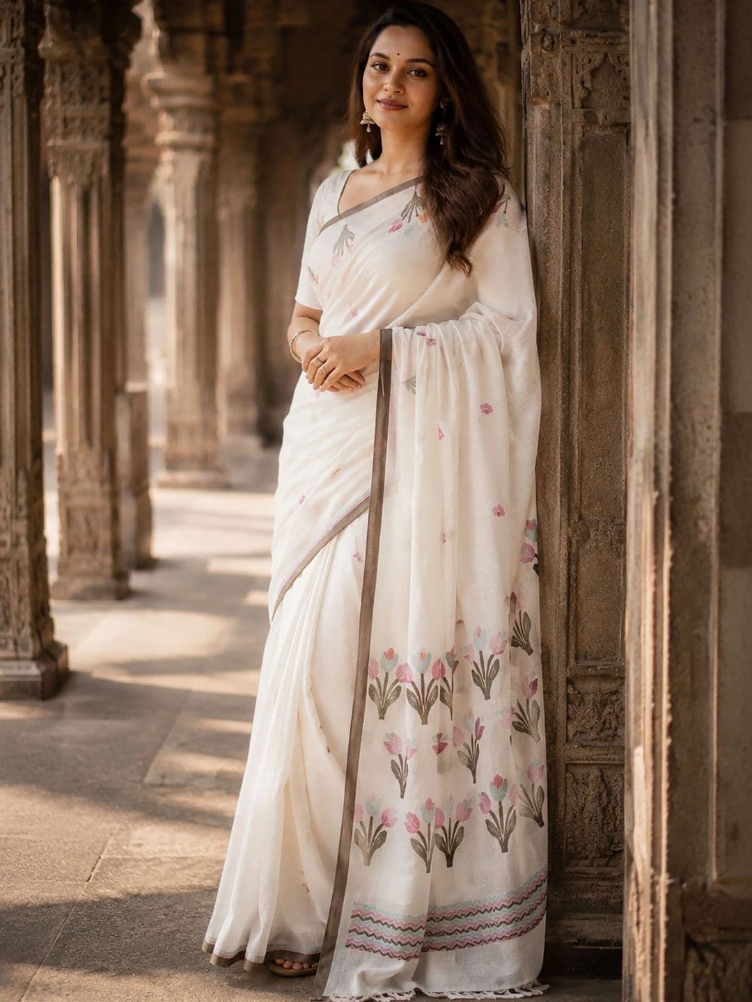 KALINI Floral Linen Blend Designer Block Print Saree thumbnail 4
