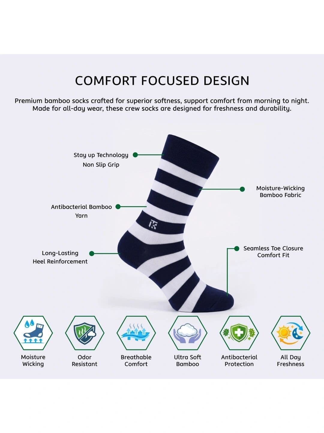 Kikitoes Men Pack of 3 Assorted Bamboo Striped Above Ankle Socks thumbnail 7