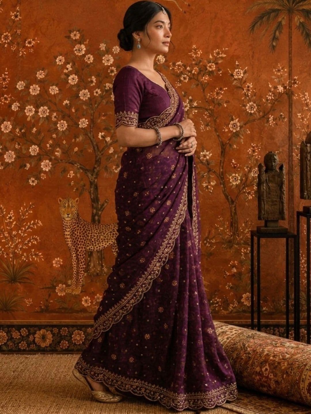 Sangria Floral Embroidered Poly Georgette Saree thumbnail 2