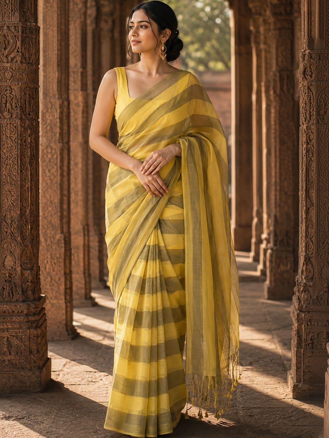 KALINI Striped Linen Blend Designer Block Print Saree - view 1