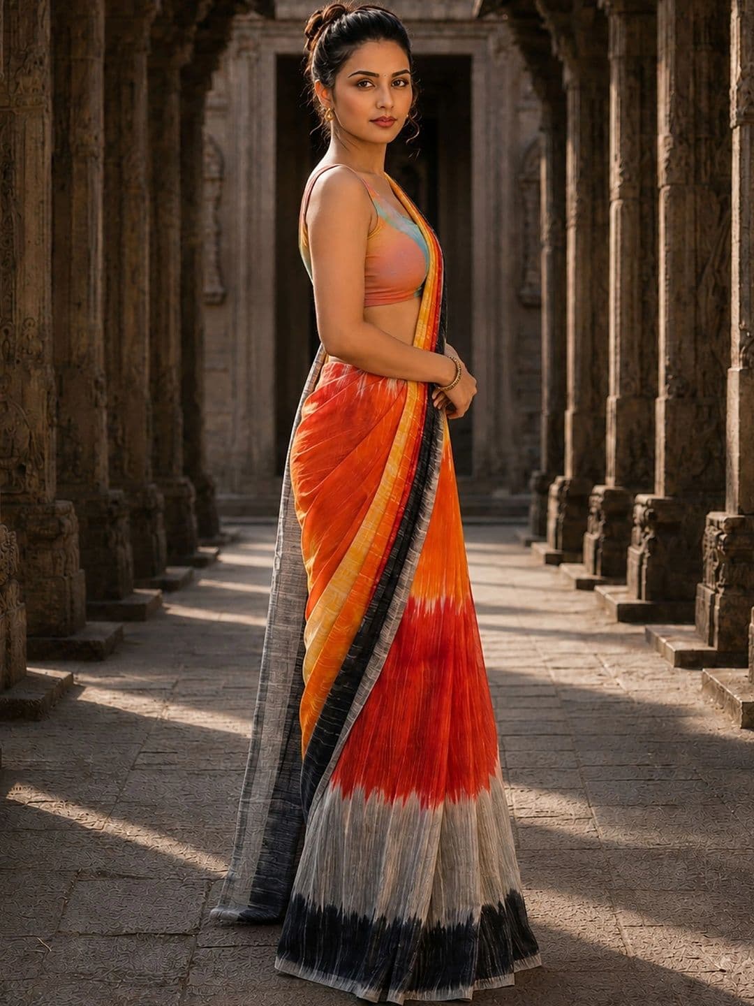 Aldwych Tie and Dye Linen Blend Designer Block Print Saree thumbnail 5