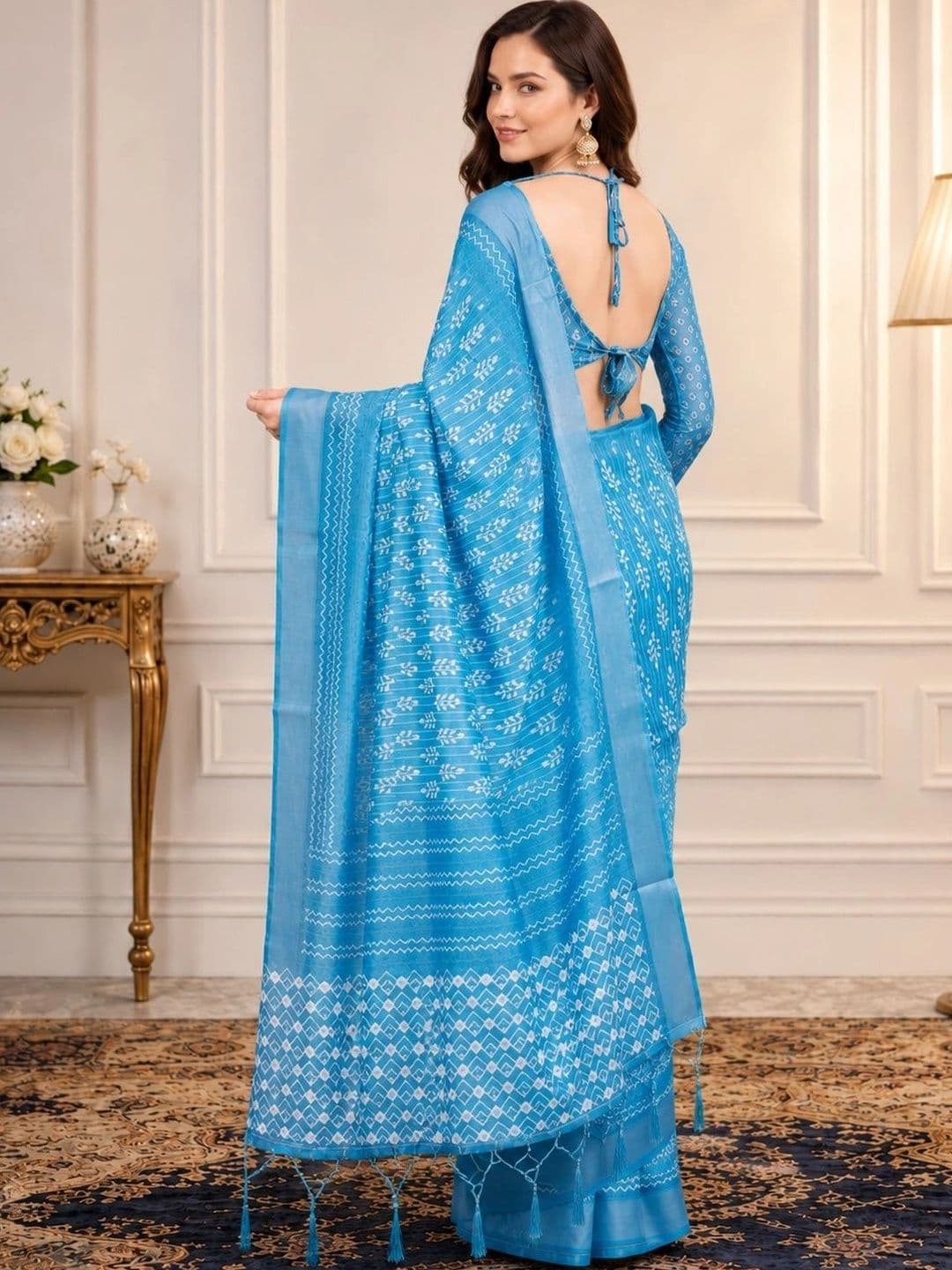 V3 FASHION STUDIO Ethnic Motifs Zari Linen Blend Block Print Saree thumbnail 5