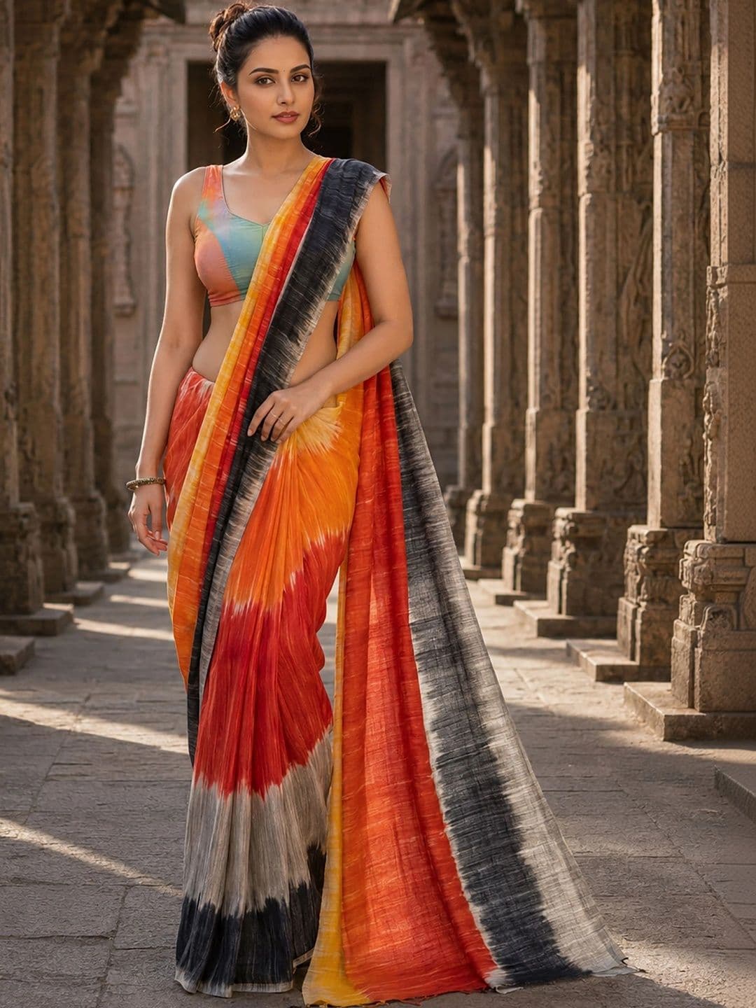 KALINI Tie and Dye Linen Blend Designer Block Print Saree thumbnail 4